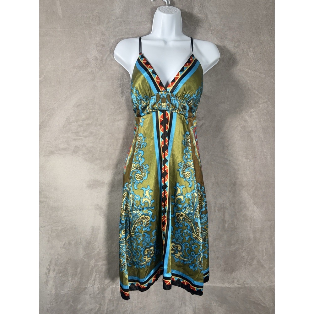 Vintage 90s Slip Dress Womens Medium Green Paisley Baroque Boho Made in USA